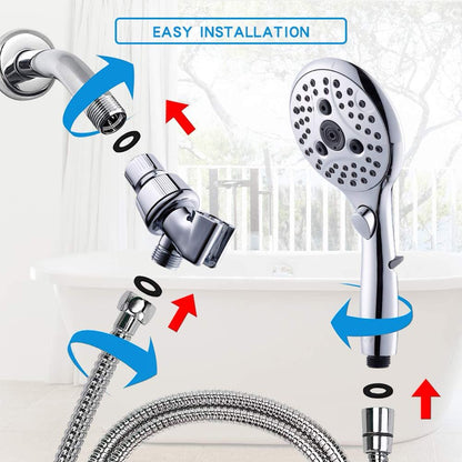 VXV Bathroom Handheld Shower Head with on off Switch, 6 Spray Setting Removable Hand Held Showerheads with 6 FT Stainless Steel Hose and Adjustable Angle Bracket(Chrome)