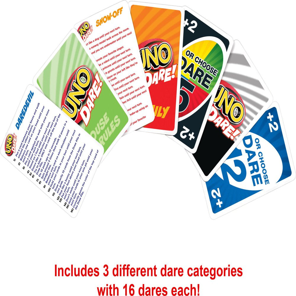 UNO Dare Card Game for Family Night Featuring Challenging and Silly Dares From 3 Categories