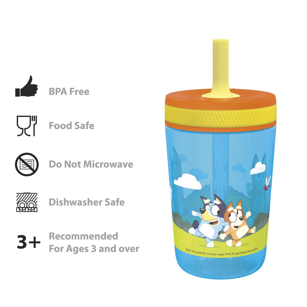 Zak Designs 15 oz Travel Straw Tumbler Plastic and Silicone with Leak-Proof Valve for Kids, 2-Pack Bluey