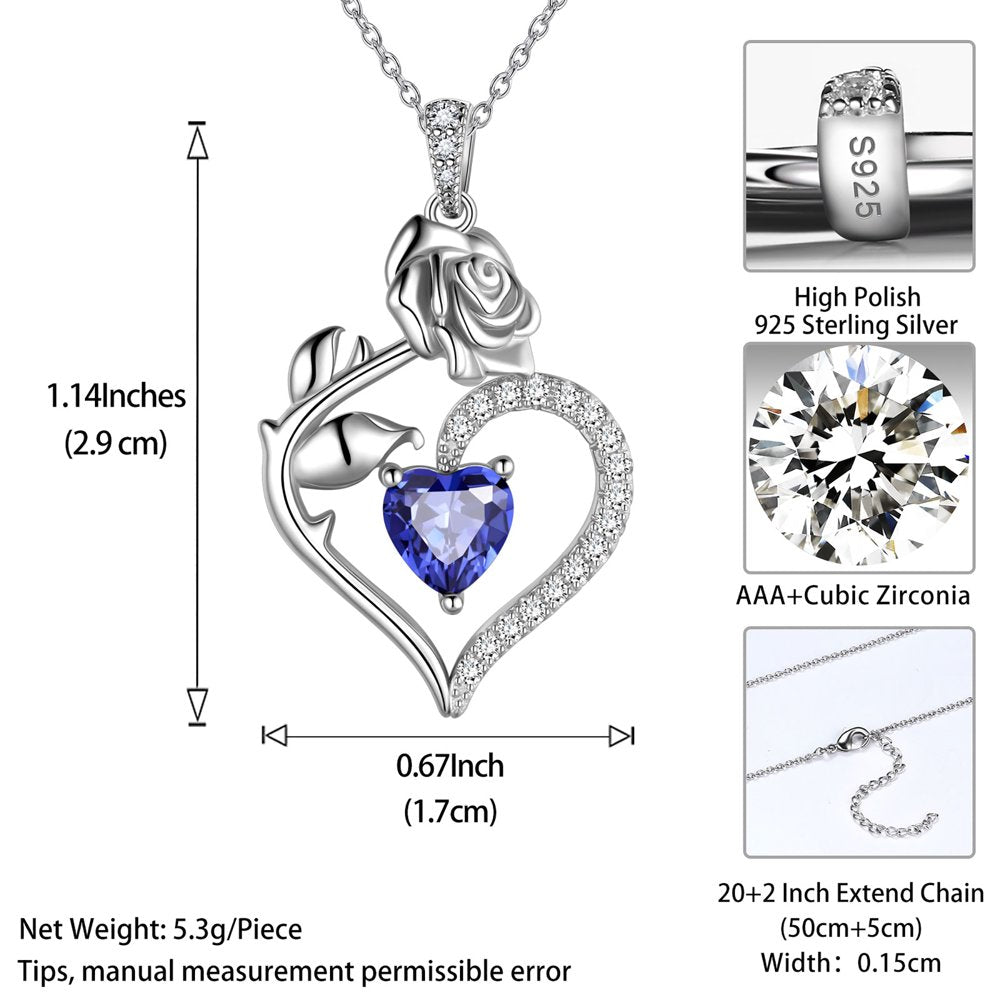 Beautlace 925 Sterling Silver Birthstone Necklace for Women Rose Flower Heart Pendant Necklace Fine Jewelry Anniversary Birthday Christmas Gifts for Women Girls