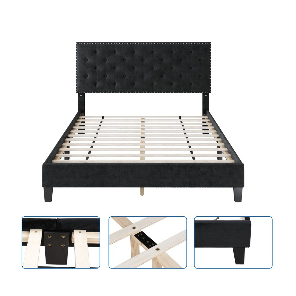 Homfa Full Size Bed, Modern Upholstered Platform Bed Frame with Adjustable Headboard for Bedroom, Black