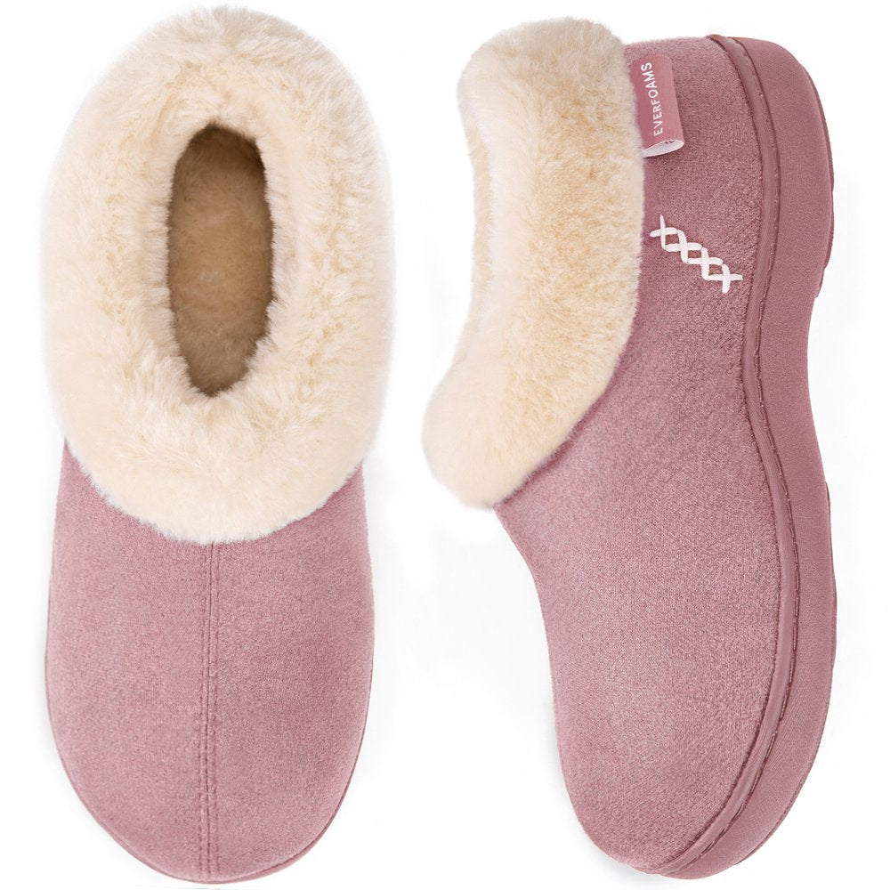  Women's Micro Suede Cozy Memory Foam Winter Slippers with Fuzzy Faux Fur Collar and Indoor Outdoor Rubber Sole