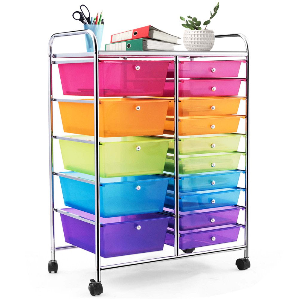 Costway 15 Drawer Rolling Storage Cart Tools Scrapbook Paper Office School Organizer Colorful