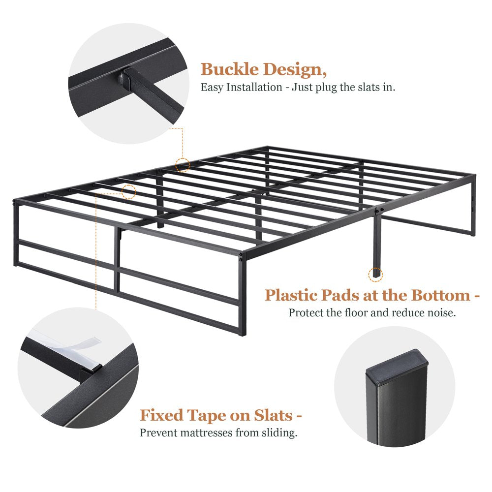 Amolife Queen Size Metal Platform Bed Frame with Solid Metal Slat Support, Black