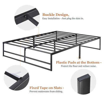 Amolife Queen Size Metal Platform Bed Frame with Solid Metal Slat Support, Black