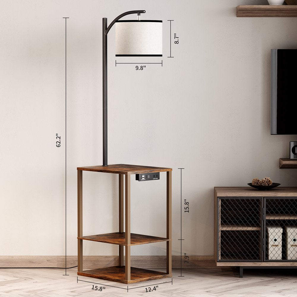 Floor Lamp with Table, Lamps for Living Room with USB Port, Attached End Table with Shelves, Brown