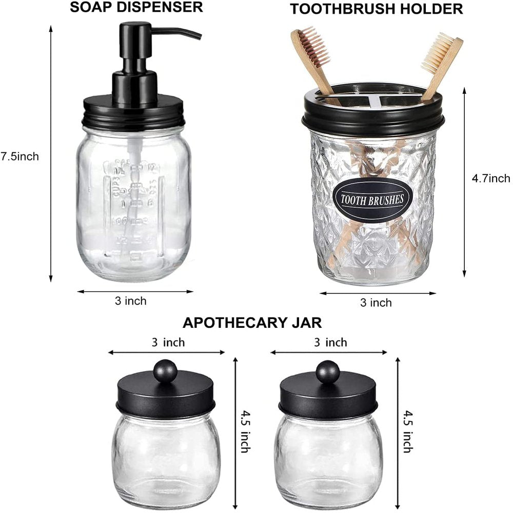  Mason Jar Bathroom Accessories Set (4PCS) - Lotion Soap Dispenser,Toothbrush Holder,2 Apothecary Jars- Rustic Farmhouse Decor (Black)