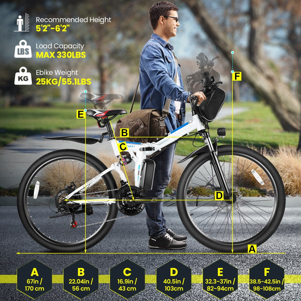 Gocio 26 In. Electric Bike for Adults, 500W Folding Electric Mountain Bicycle Max 50Miles, Full Suspension, 48V Foldable E-Bike with Removable 374.4Wh Lithium-Ion Battery Electric City Bike