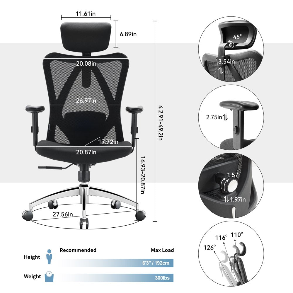 SIHOO Ergonomic Office Chair, Mesh Computer Desk Chair with Adjustable Lumbar Support, High Back chair for big and tall, Black