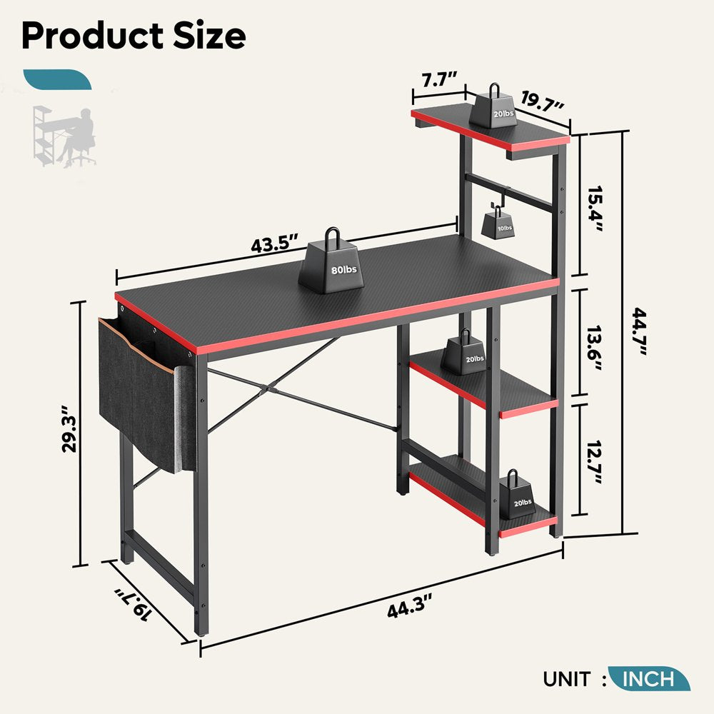 Bestier Reversible 44 inch Computer Desk with LED Lights Gaming Desk , 4 Tier Shelves Carbon Fiber