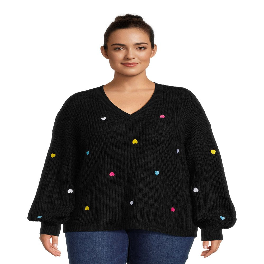 What's Next Women's Plus Size V-Neck Pullover with Heart Embroidery