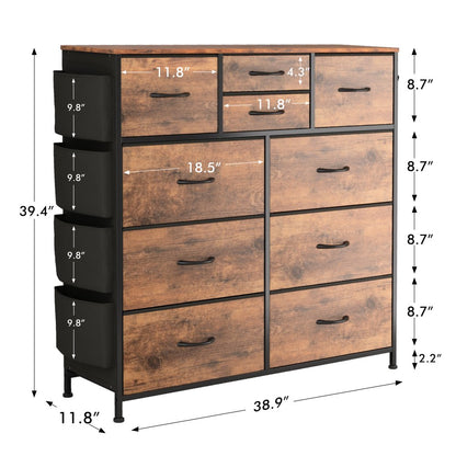  10 Drawer Dresser, Chest of Drawers for Bedroom Fabric Dressers with Side Pockets and Hooks, Brown