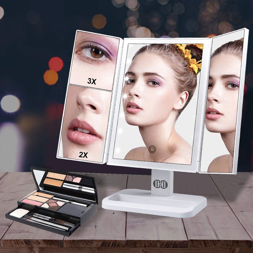 Tri-Fold Lighted Vanity Makeup Mirror with 72 LED Lights, Touch Screen and 3X/2X/1X Magnification, Two Power Supply Modes Make up Mirror,Travel Mirror