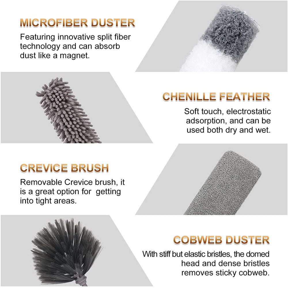 Happylost Microfiber Duster, 9PCS Extendable Feather Duster (Stainless Steel) 30 to 100 inches, Reusable Bendable Washable Dusters for Cleaning Ceiling Fan, High Ceiling, Blinds, Furniture, Cars, Gray