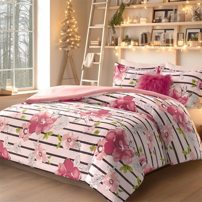 Comfort Spaces Spring 4-Piece Full/Queen Comforter Set Microfiber Pink Striped Floral Reversible Bedding