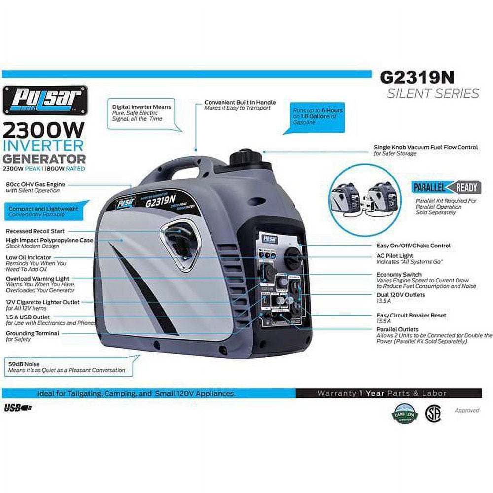 Pulsar 2300 Peak Watt Digital Inverter Generator With 80cc OHV Engine G2319N