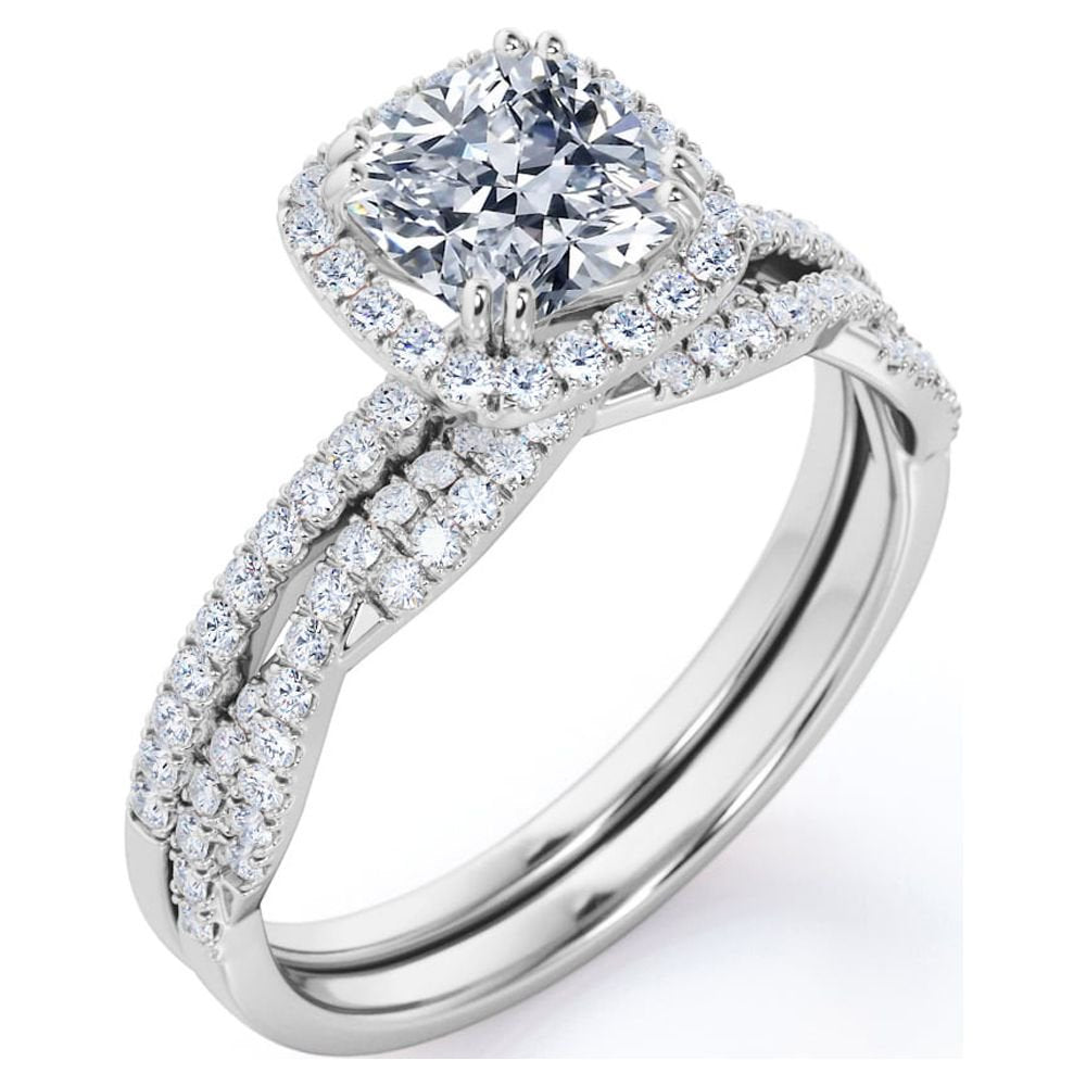 1.5 Carat cushion cut Moissanite and Diamond Halo Wedding Ring Set in 10k White Gold