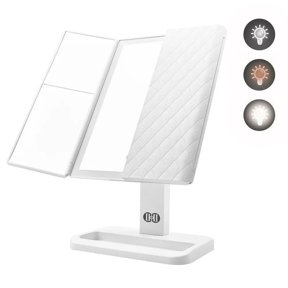 Tri-Fold Lighted Vanity Makeup Mirror with 72 LED Lights, Touch Screen and 3X/2X/1X Magnification, Two Power Supply Modes Make up Mirror,Travel Mirror