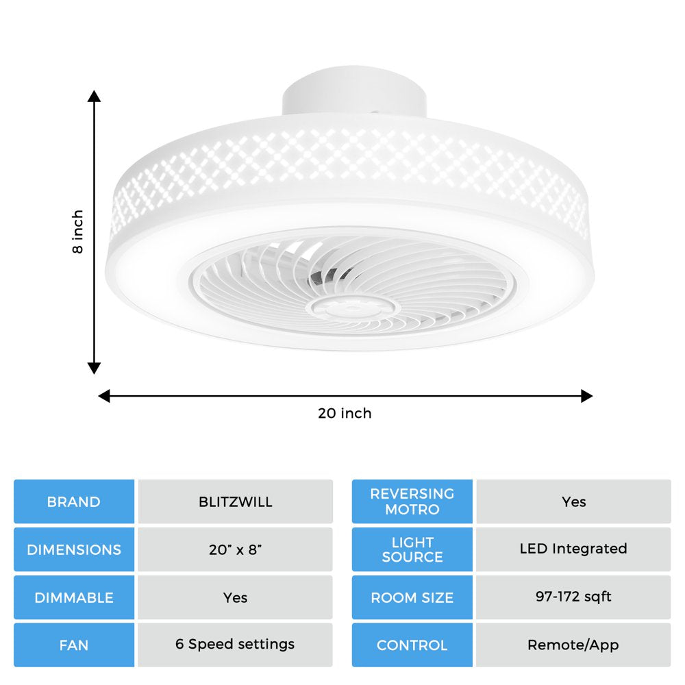 BLITZWILL 20 in round Ceiling Fans with Dimmable LED Bright Light, W/ Remote Control, Wind Speeds Adjusting + Timing Function + Metal Hollowed-Out Shell