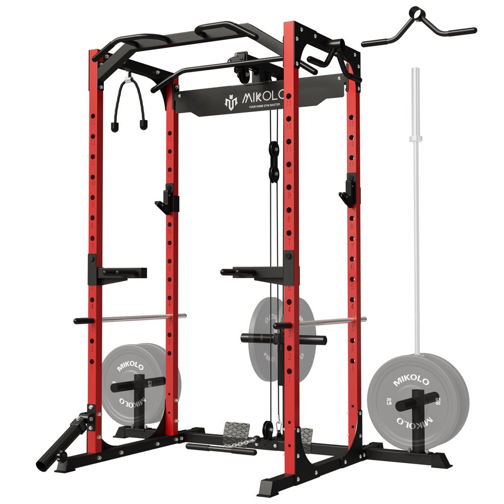 Mikolo Power Rack Cage with LAT Pulldown System,1200LBS Capacity Power Rack, Multi-Functional Squat Rack with 13-Level Adjustable Height and J-Hooks, Dip Bars, T-Bar, Gym Equipment (Upgraded)