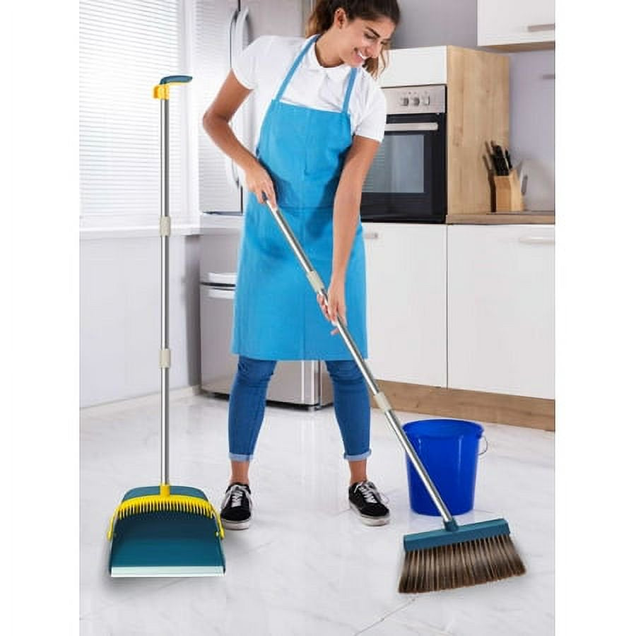 BIMZUC Upgrade 51.2'' Broom and Dustpan Set,Self-Cleaning with Dustpan Teeth,Broom and Dust Pan Combo-Blue