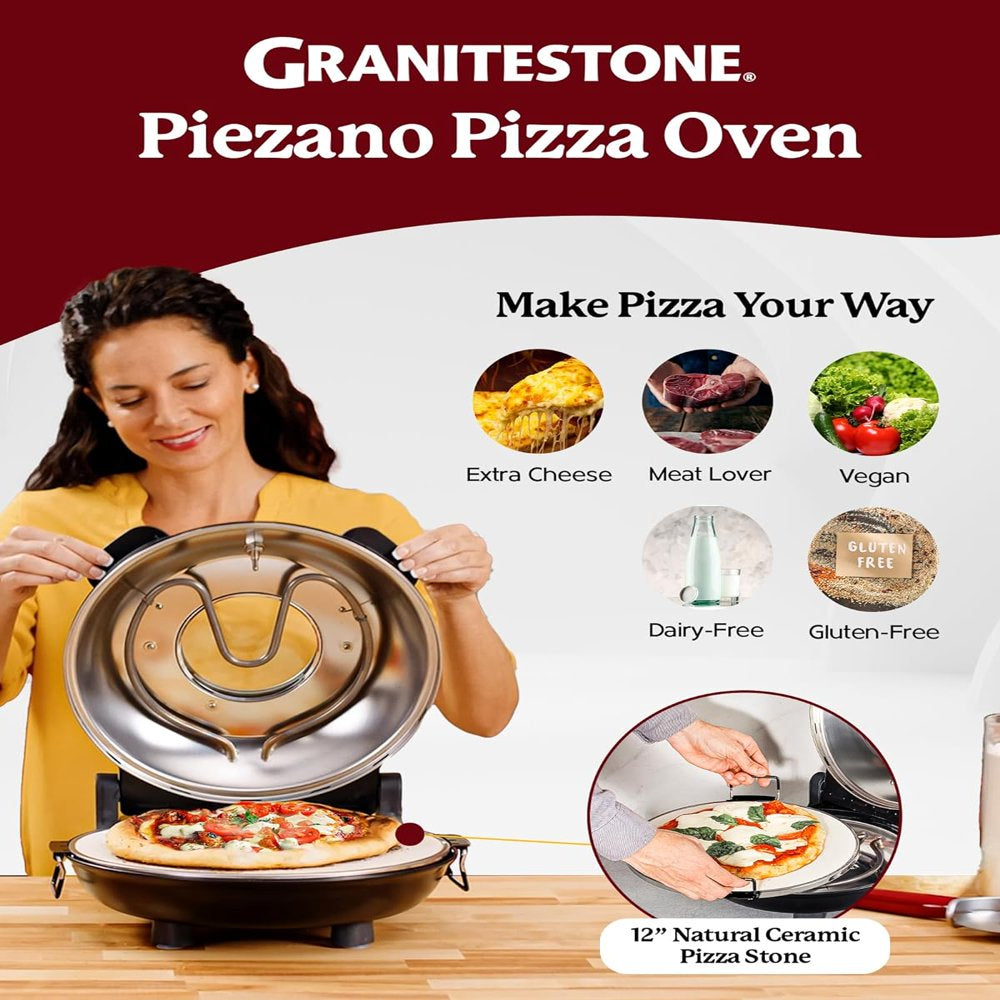 Piezano Pizza Maker 12 inch Pizza Machine Improved Cool-touch Handle Pizza Oven Electric Countertop Oven 12" Indoor Grill/Griddle