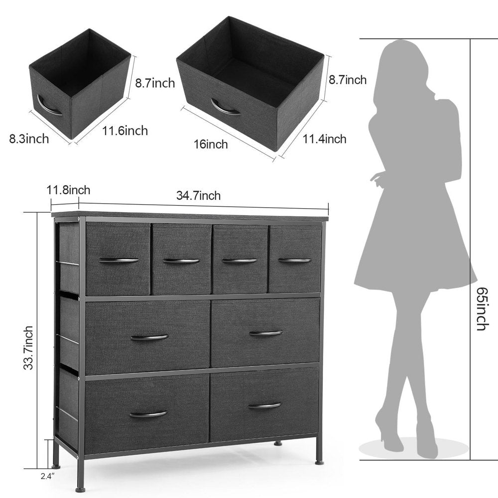 3-Tier 8 Drawer Dresser, Dresser Chest for Bedroom Cationic Fabric Drawers Organizer with Handle, Wood Top Tower Storage with 4 Adjustable Foot Pads /Anti-Tip/Heavy Duty Closet Shelf, Black