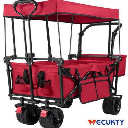 Collapsible Garden Wagon Cart with Removable Canopy, VECUKTY Foldable Wagon Utility Carts with Wheels and Rear Storage, Wagon Cart for Garden Camping Grocery Shopping Cart, Red