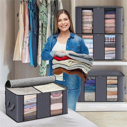 90L Clothes Storage Bag 3 Layer Foldable Fabric Closet Organizer Storage Bags for Clothes with Reinforced Handle for Bedding, Blankets and Comforters 23.6*16.9*13.7 in