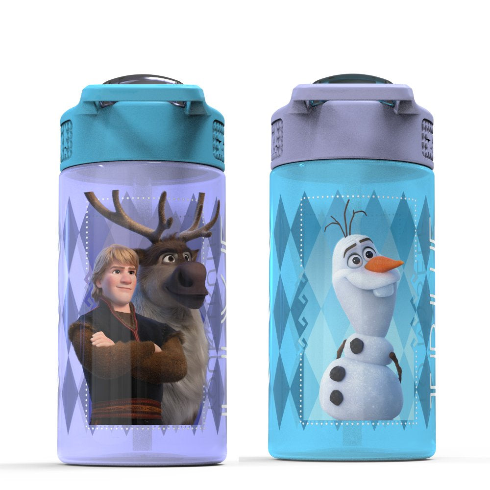 Zak Designs 2pc 16 oz Disney Kids Water Bottle Plastic with Push-Button Spout and Locking Cover, Frozen Anna Elsa