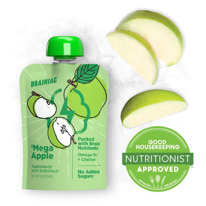 Brainiac Omega-3 Applesauce, Apple, No Sugar Added, 3.2 oz, 40 Ct