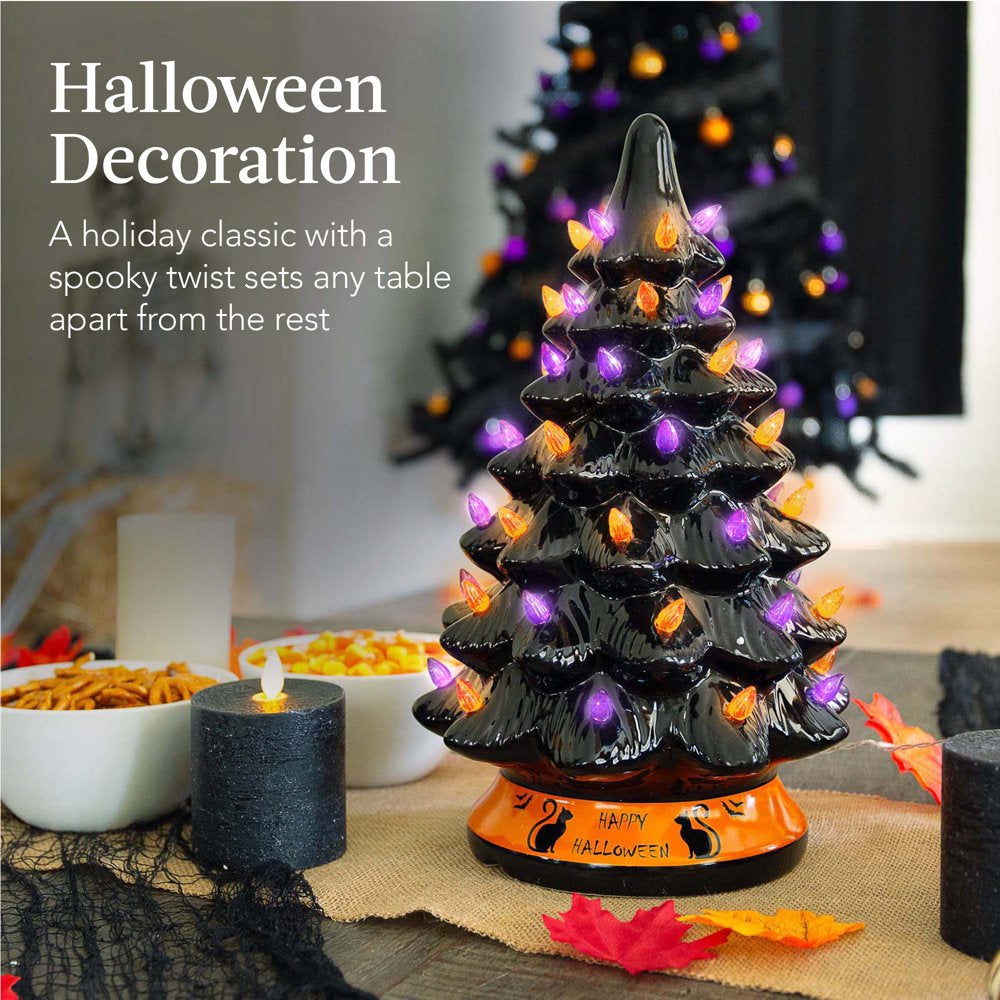  15in Pre-Lit Ceramic Tabletop Halloween Tree, Holiday Decoration w/ Orange & Purple Bulb Lights