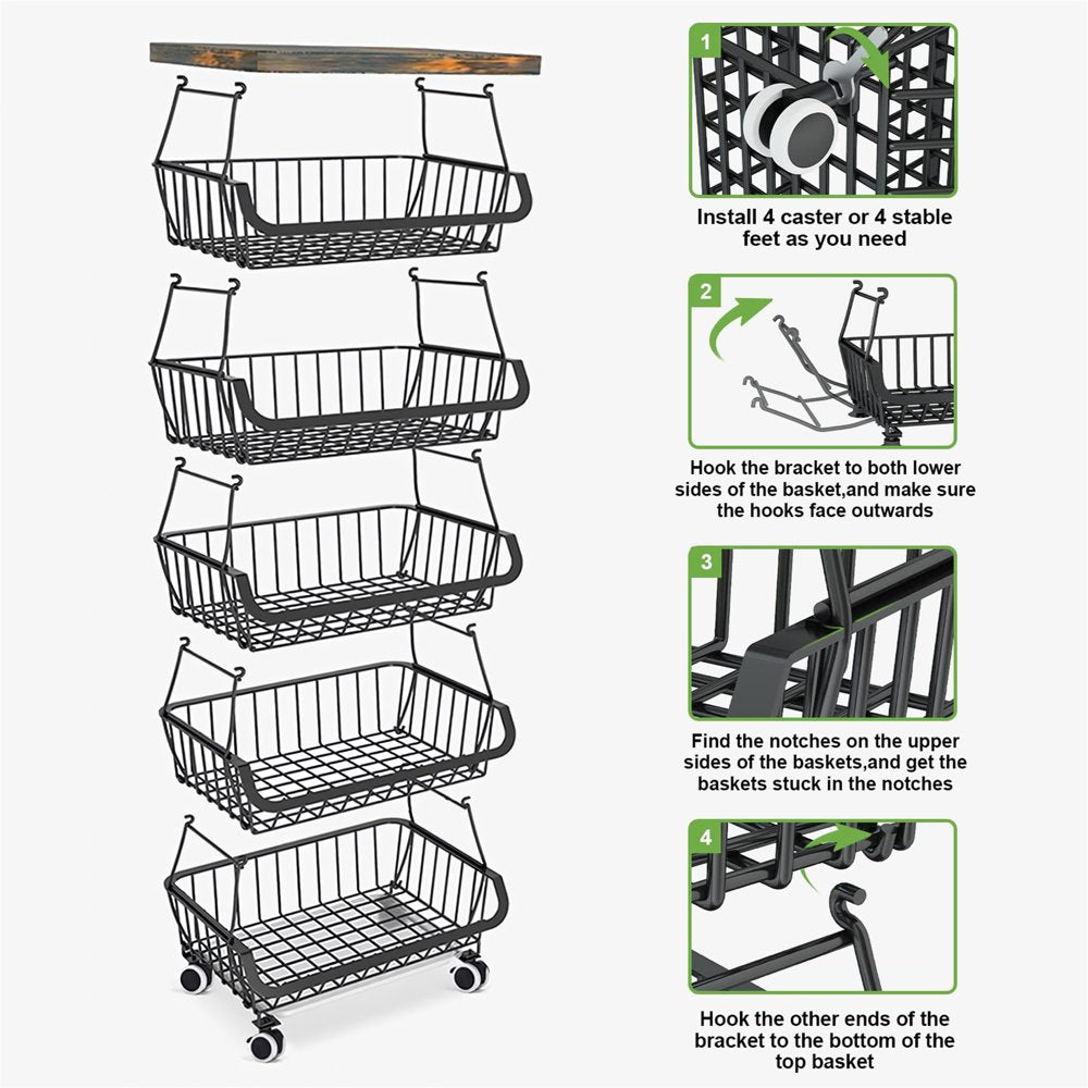 6-Tier Multifunction Fruit Vegetable Rack, Stackable Rolling Cart with Solid Wood, Kitchen Storage Rack