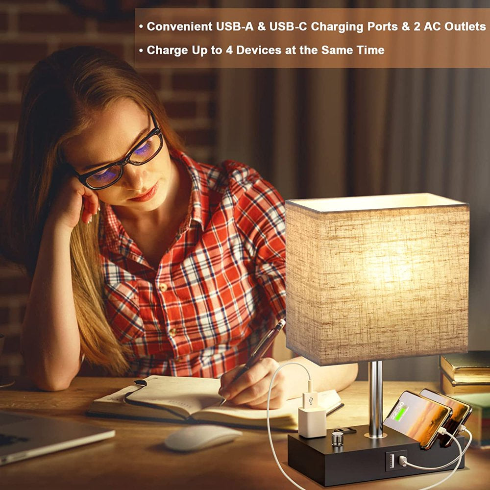 Bedside Table Lamp for Bedroom with Dual Fast USB Charging Ports, Fully Dimmable Nightstand Lamps with 2 Phone Stands and 2 Charging Outlets, Desk Lamp with Fabric Shade for Living Room