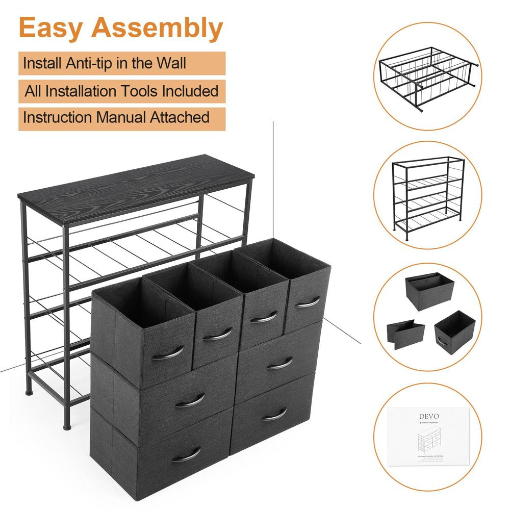 3-Tier 8 Drawer Dresser, Dresser Chest for Bedroom Cationic Fabric Drawers Organizer with Handle, Wood Top Tower Storage with 4 Adjustable Foot Pads /Anti-Tip/Heavy Duty Closet Shelf, Black