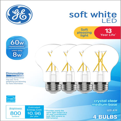 GE Soft White LED Light Bulbs, 60 Watt Eqv, A19 General Purpose, 4pk