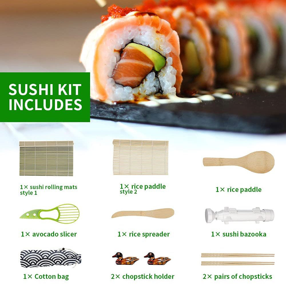 Sushi Making Kit, 2 Bamboo Sushi Mats and 1 Professional Sushi Bazooka Rice Roller, 2 Pairs of Bamboo Chopsticks, Avocado Slicer Holder Paddle Spreader, Rolling, Beginner Sushi Kit DIY at Home