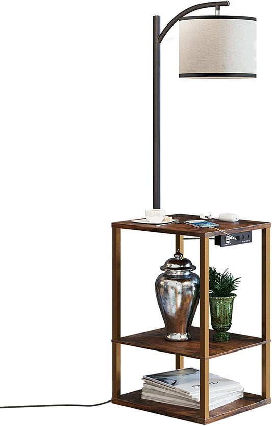 Floor Lamp with Table, Lamps for Living Room with USB Port, Attached End Table with Shelves, Brown