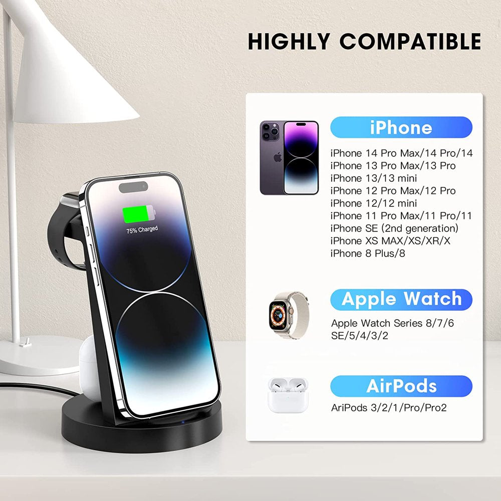 ETEPEHI 3 in 1 Charging Station for iPhone, Wireless Charger for iPhone 15 14 13 12 11 X Pro Max & for Apple Watch - Charging Stand Dock for AirPods