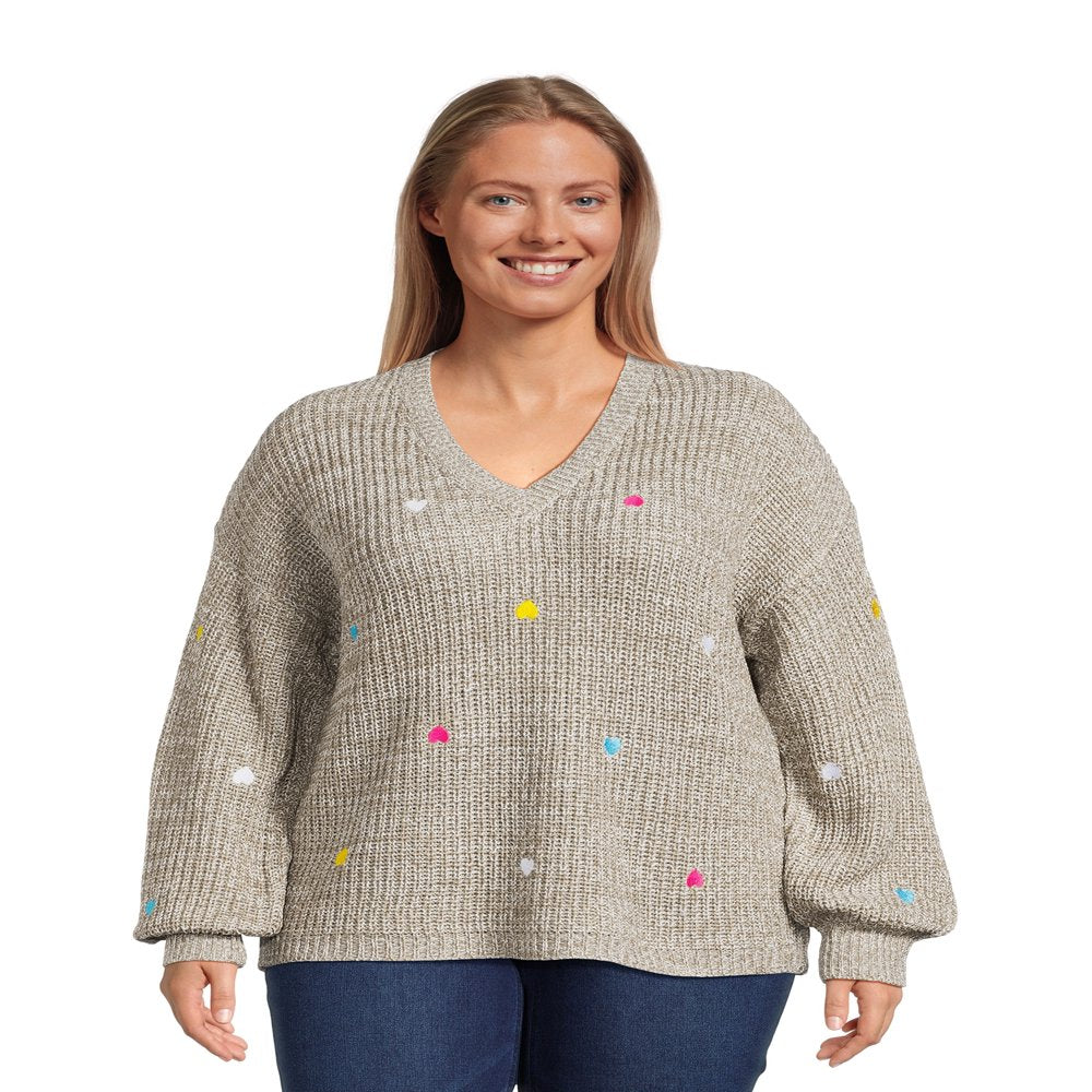 What's Next Women's Plus Size V-Neck Pullover with Heart Embroidery