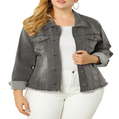  Women's Plus Size Outfits Classic Washed Front Frayed Denim Jacket