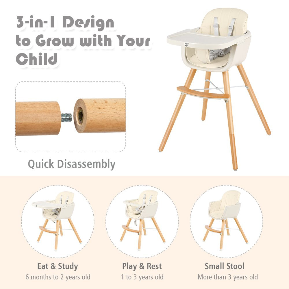 Babyjoy 3 in 1 Convertible Wooden High Chair Baby Toddler Highchair w/ Cushion Beige