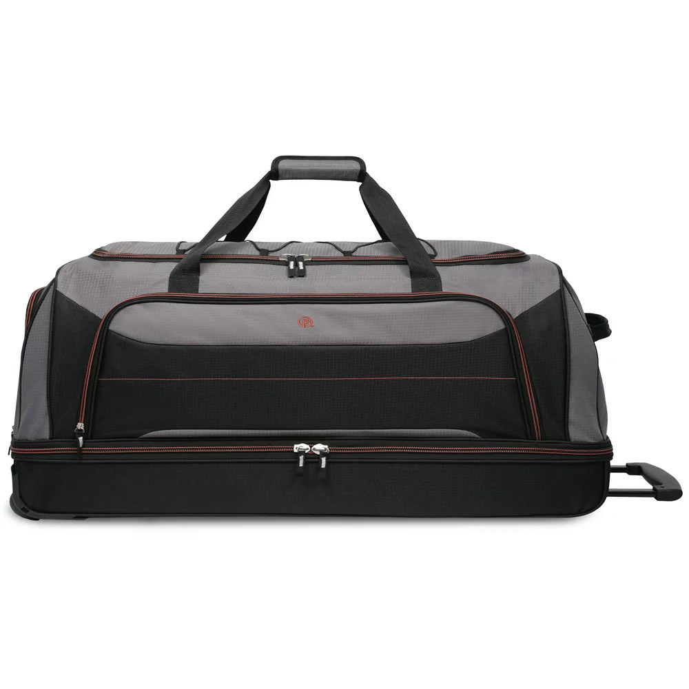 Protege 30 in Rolling Drop-Bottom Duffel Bag for Travel, Black and Grey