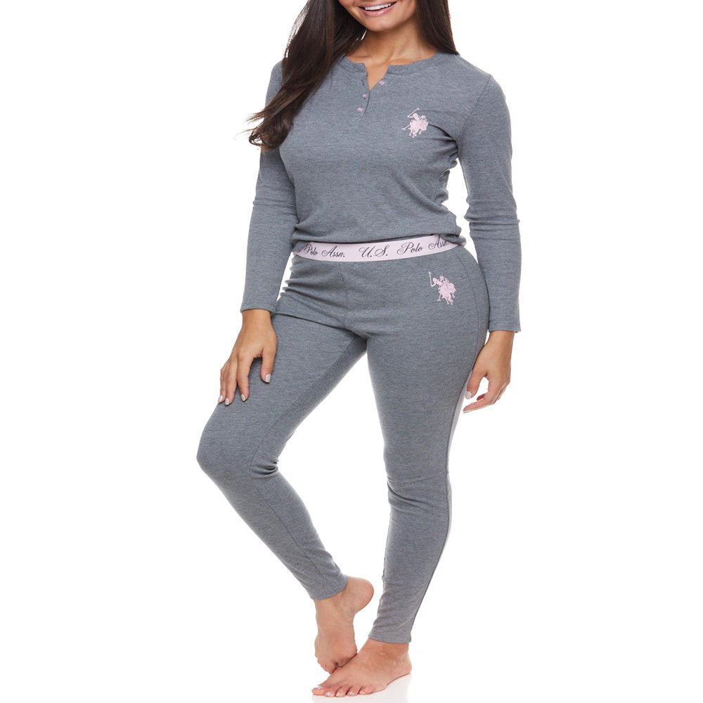 U.S. Polo Assn. Women's Ribbed Henley Long Underwear Thermal Set, 2-Piece Set