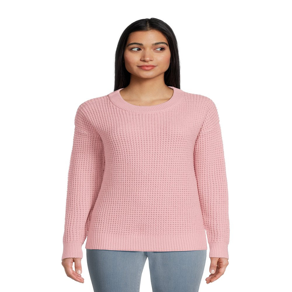 Time and Tru Women's Long Sleeve Waffle Crewneck Pullover Sweater