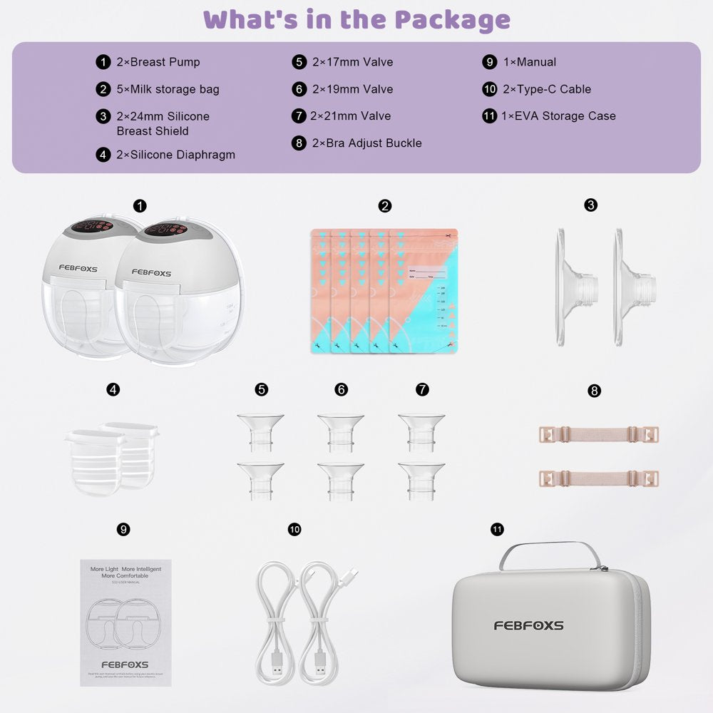 FEBFOXS Double Breast Pump, 2Pcs Hands-Free Breast Pump with 4 Mode & 12 Levels, Electric Wearable Pumps with Gift Box & 17/19/21mm Flanges, Low Noise Painless Leak-Proof Design