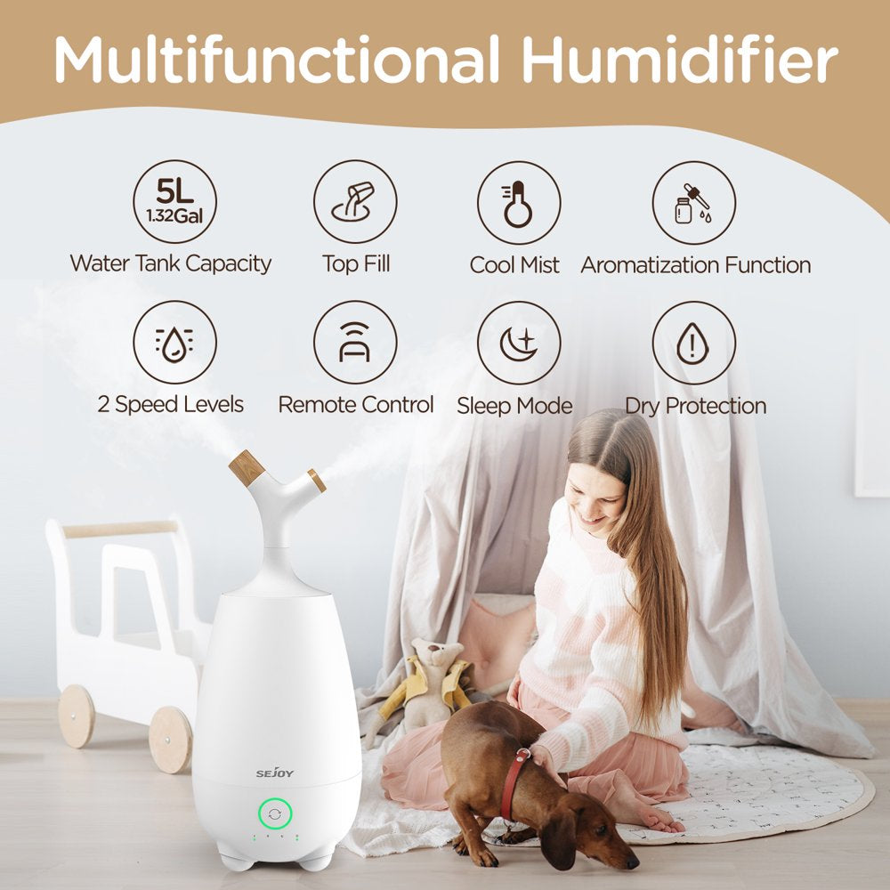 Sejoy Ultrasonic Humidifier for Home, Baby, 5L Large Capacity, Cool Mist, Remote Control, Auto Shut-off, White