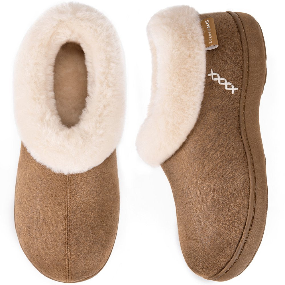  Women's Micro Suede Cozy Memory Foam Winter Slippers with Fuzzy Faux Fur Collar and Indoor Outdoor Rubber Sole