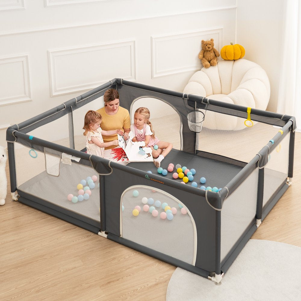 Baby Playpen, 59x71'' Large Baby Playard, Infant Activity Center with Anti-Slip Base, Gray