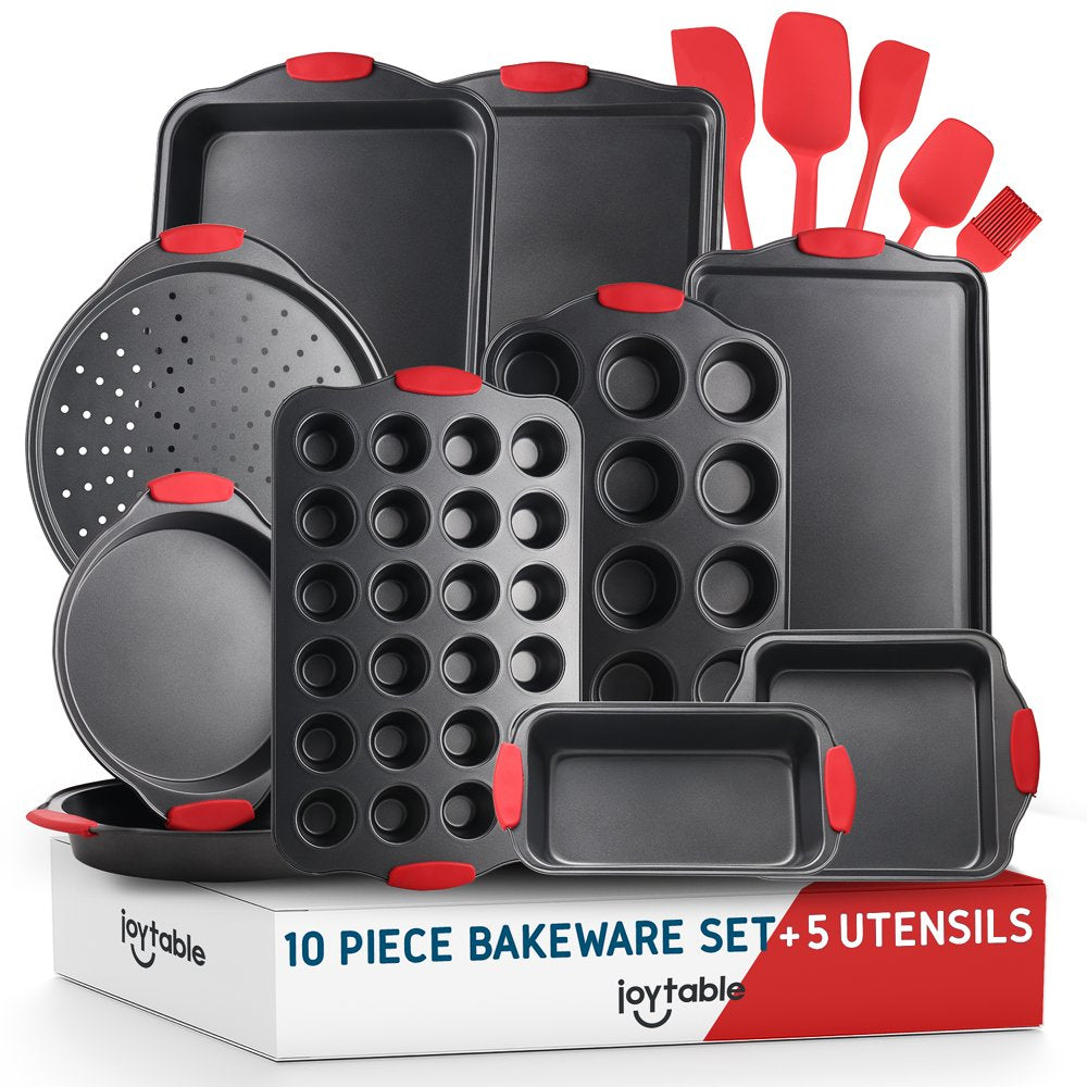  Nonstick Bakeware Set - 15 PC Baking Tray Set With Silicone Handles & Utensils - Oven Safe & Carbon Steel Cookie Sheets, Baking Pans, Black